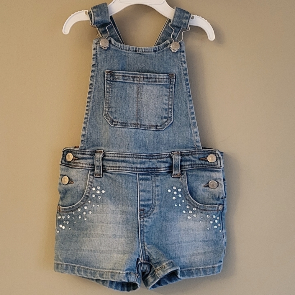 Light wash denim shortalls with rhinestone detail